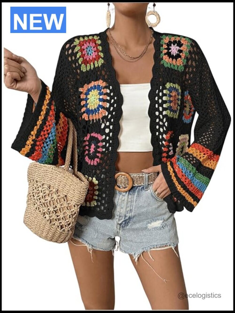 Floral Crochet Cardigan Hollow Out Open Front Long Sleeve Sweater Cardigan
